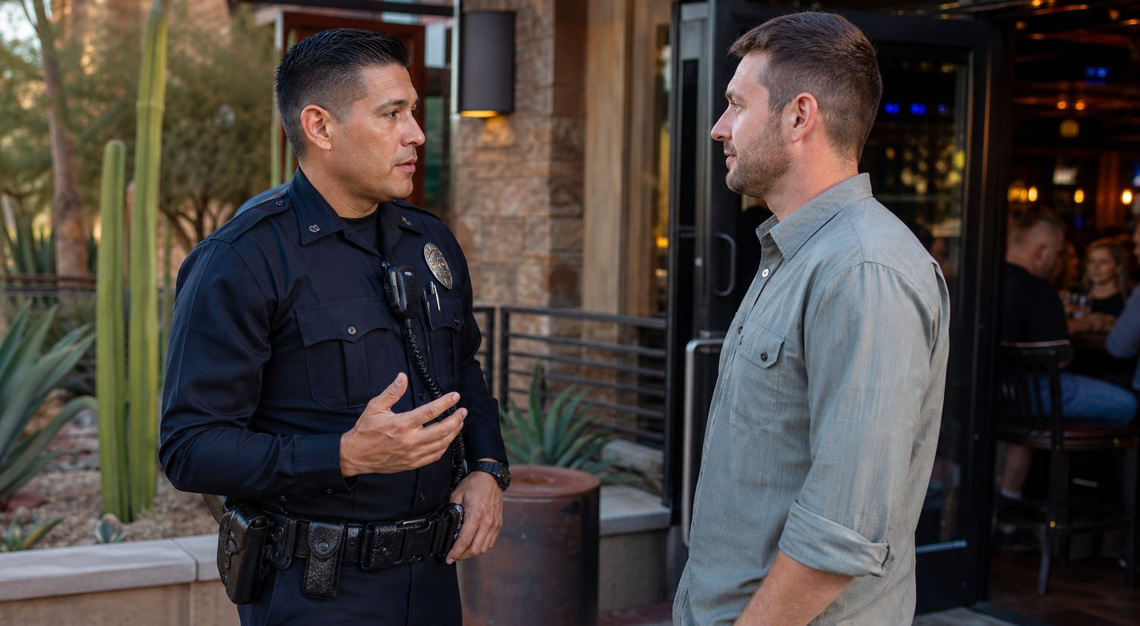 A police officer calmly talking to a man outside a bar or restaurant in Arizona during early evening.