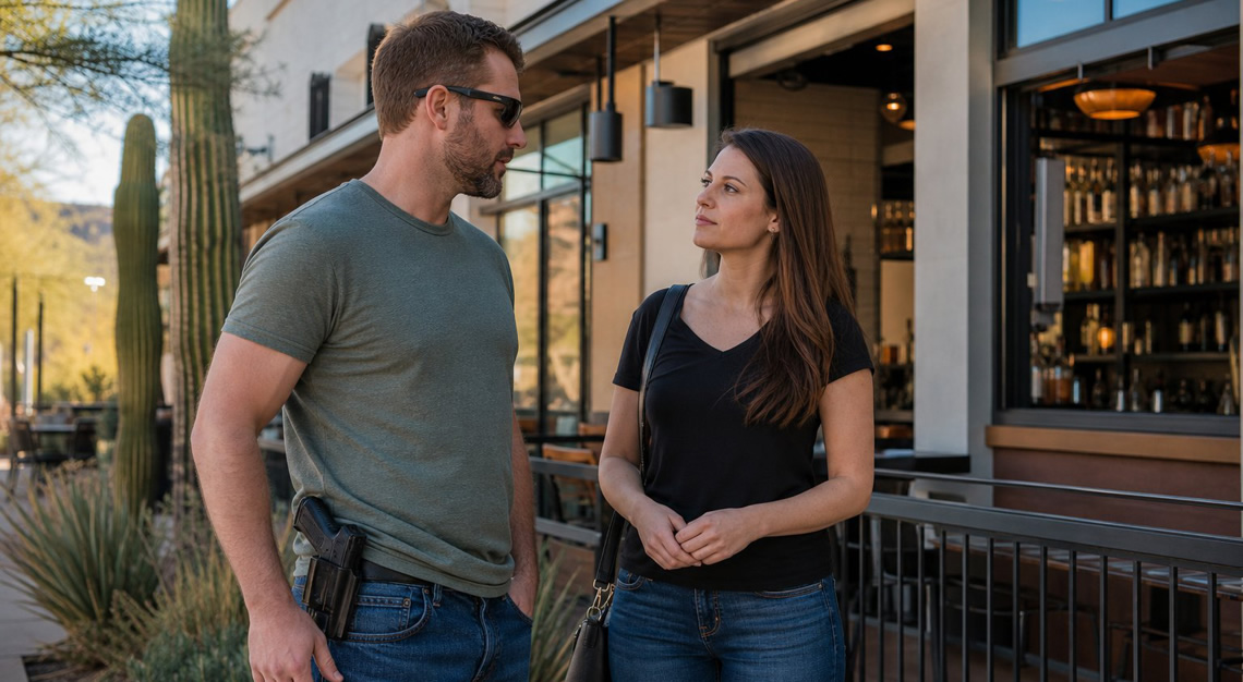 A man with a holstered handgun and a woman standing outside a bar or restaurant in Arizona during the day.