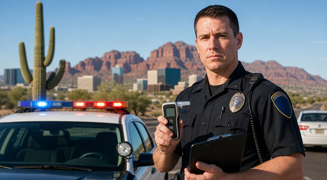 A police officer standing next to a patrol car in an Arizona desert setting with cacti and red rocks visible.