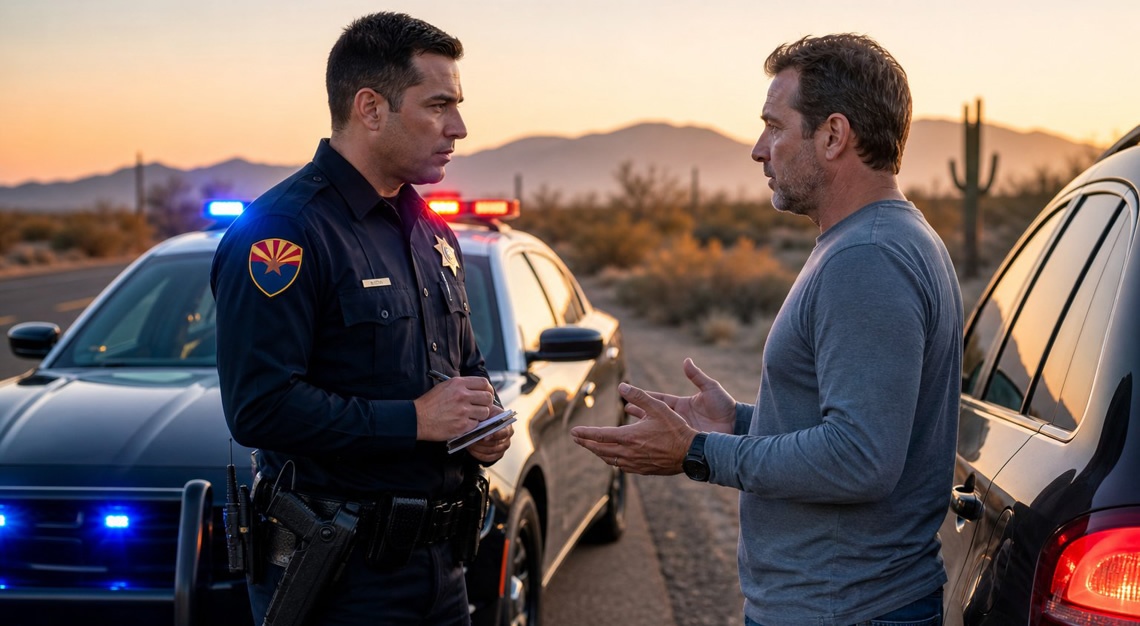 A police officer talks to a driver beside a police car with flashing lights on a desert highway at sunset.