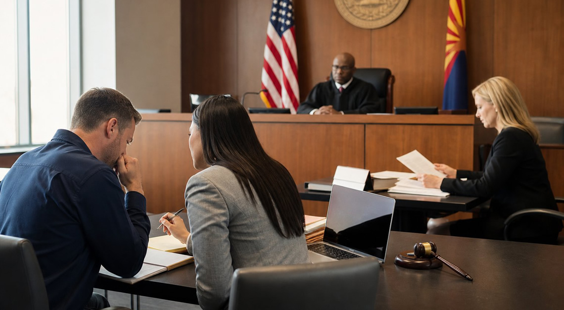 People in a courtroom with a judge, attorney, and client engaged in a legal proceeding.