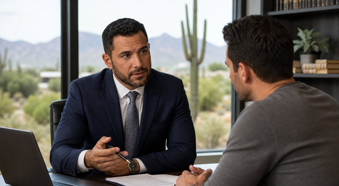 A lawyer consulting with a client in an office with a desert landscape visible through the window.