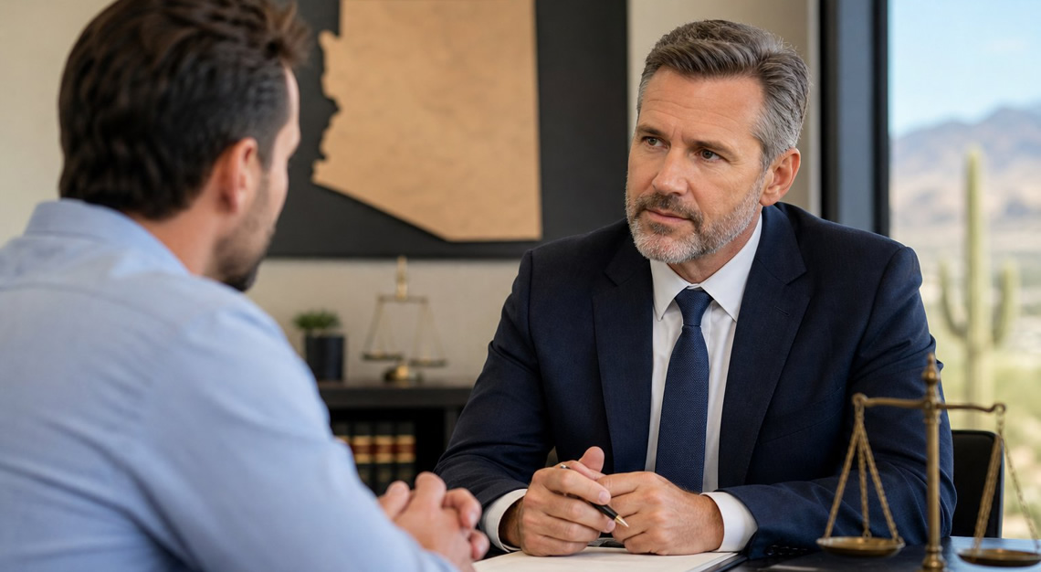 A lawyer consulting with a client in a modern office, discussing legal matters.