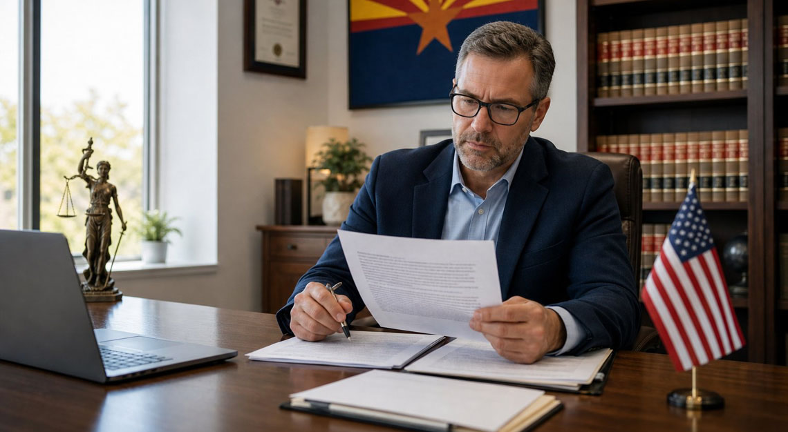 A man sitting at a desk in an office reviewing legal documents with a focused expression.