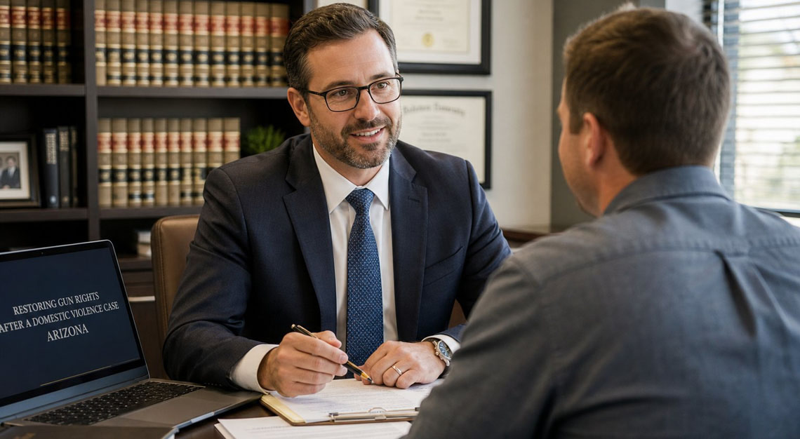 A lawyer and client talking at a desk in an office filled with legal books and certificates.