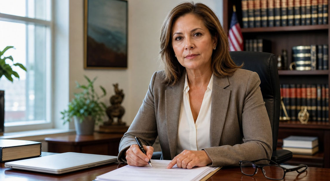 A person sitting at a desk in an office reviewing legal documents with a thoughtful expression.