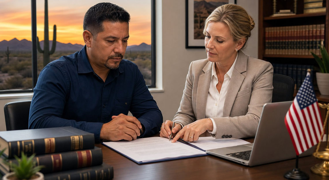 A person consulting with a lawyer in an office with a desert landscape visible through the window.