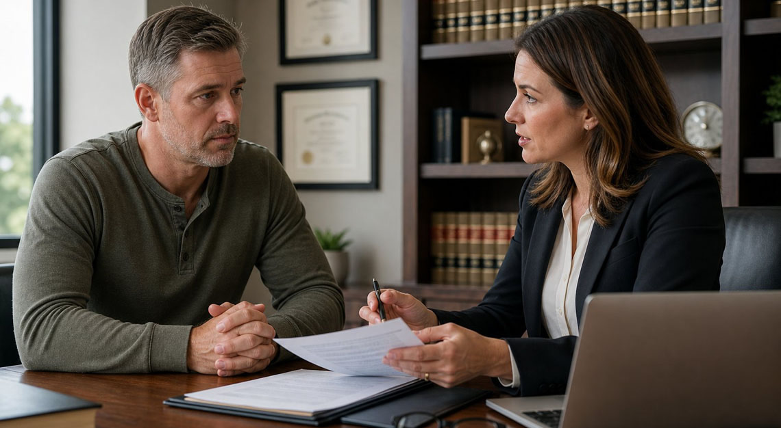 A person consulting with a lawyer in a modern office, discussing legal documents related to gun rights restoration.