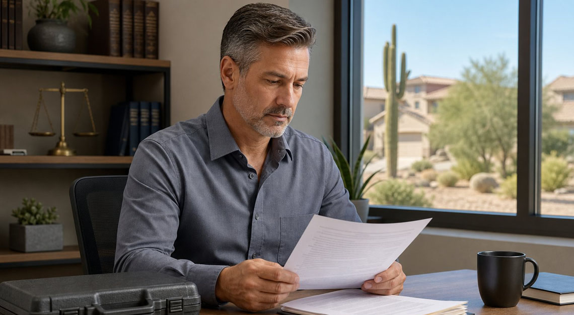 A person sitting at a desk reviewing documents with a closed handgun case nearby in a bright office with a window showing a suburban neighborhood.
