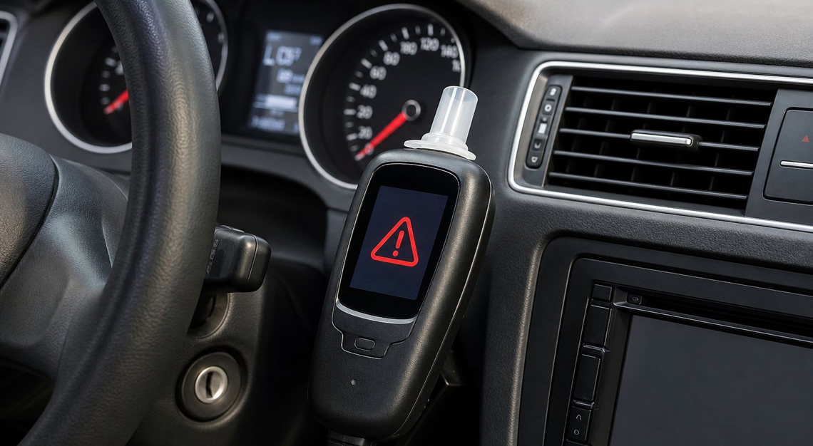 Close-up view of a vehicle dashboard showing an ignition interlock device with a red warning light.