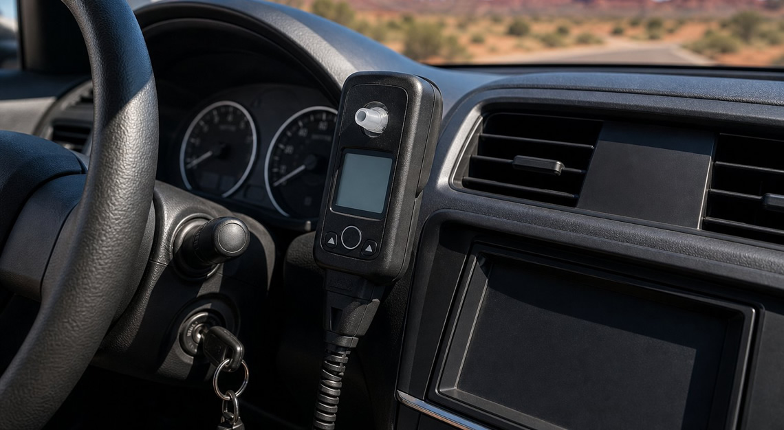 Close-up of a car dashboard with an ignition interlock device, showing a desert landscape through the windshield.