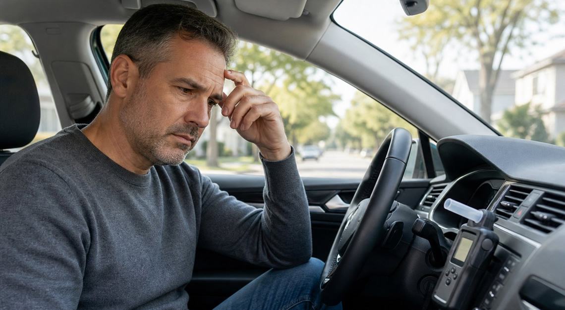 A middle-aged driver sitting inside a car, looking at an ignition interlock device on the dashboard with a concerned expression.
