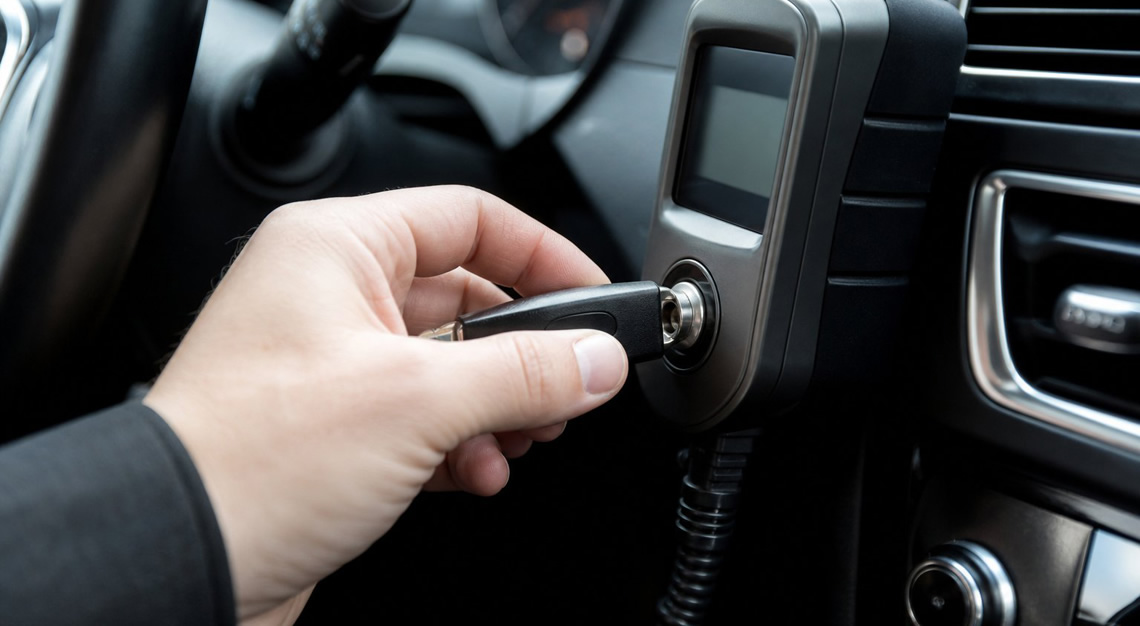 A person inserting a breathalyzer key into an ignition interlock device inside a car.