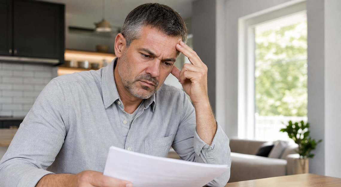 A middle-aged man sitting at a kitchen table looking thoughtfully at documents with car keys and a smartphone nearby.