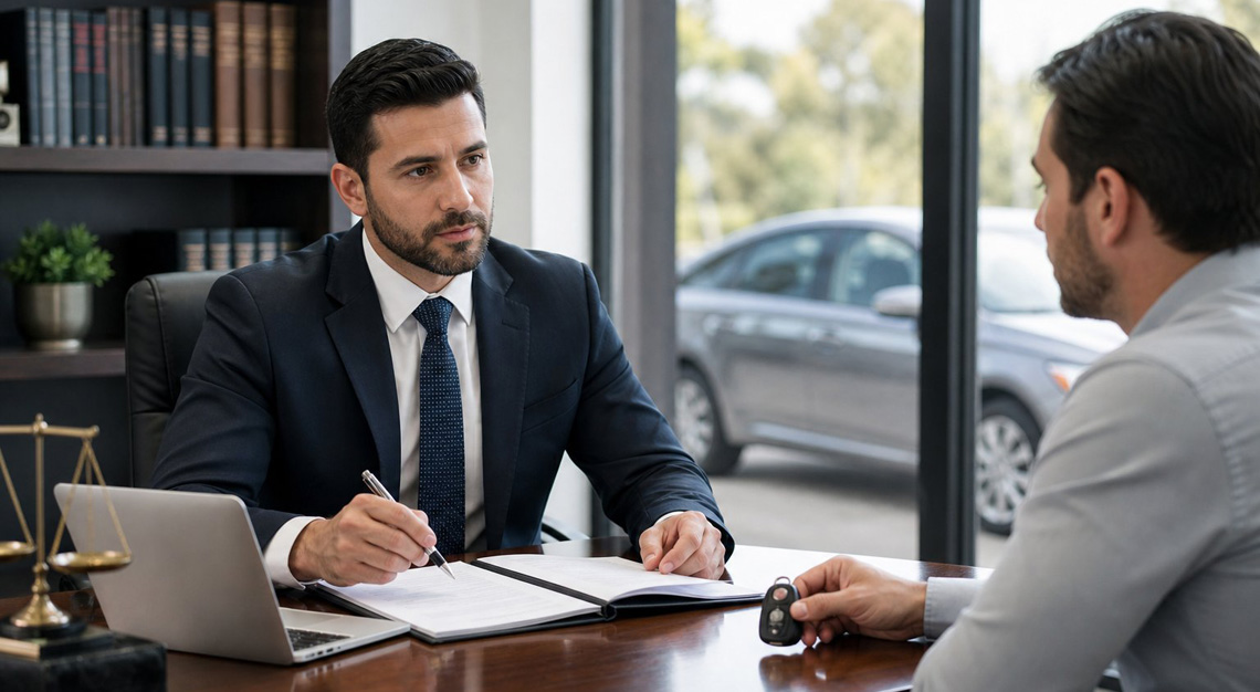 A lawyer consulting with a client in an office, with a car visible through a window in the background.