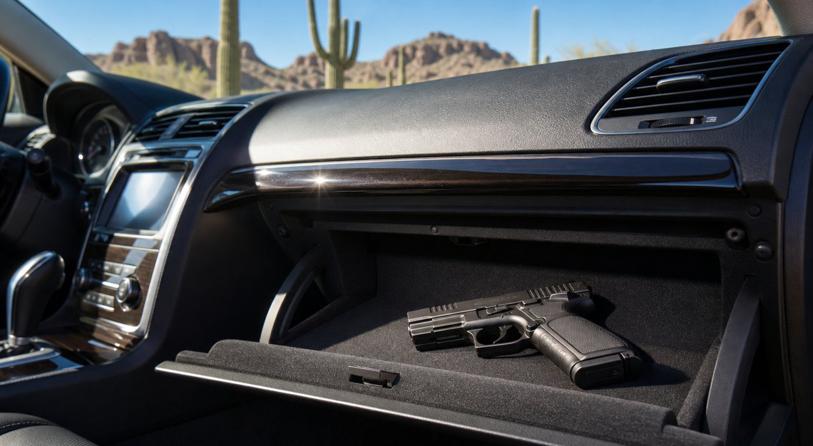 Interior of a car with a handgun placed securely inside the glove compartment, with an Arizona desert landscape visible outside the window.
