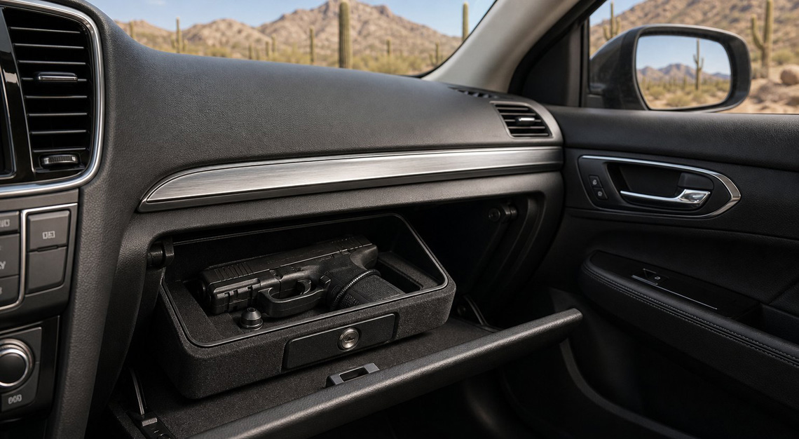 Close-up of a car interior showing a handgun stored securely in a locked case inside the glove compartment, with Arizona desert visible through the windows.