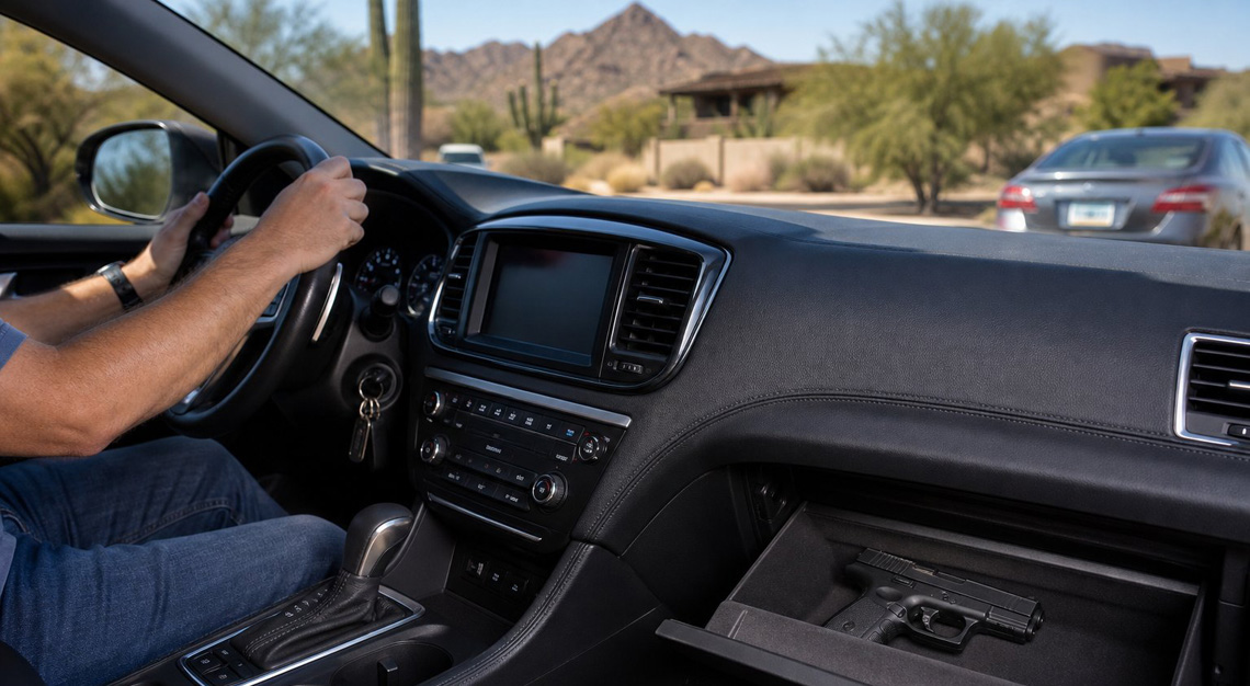 Interior of a car parked on a sunny Arizona street with a person’s hands on the steering wheel and a concealed handgun inside the vehicle.