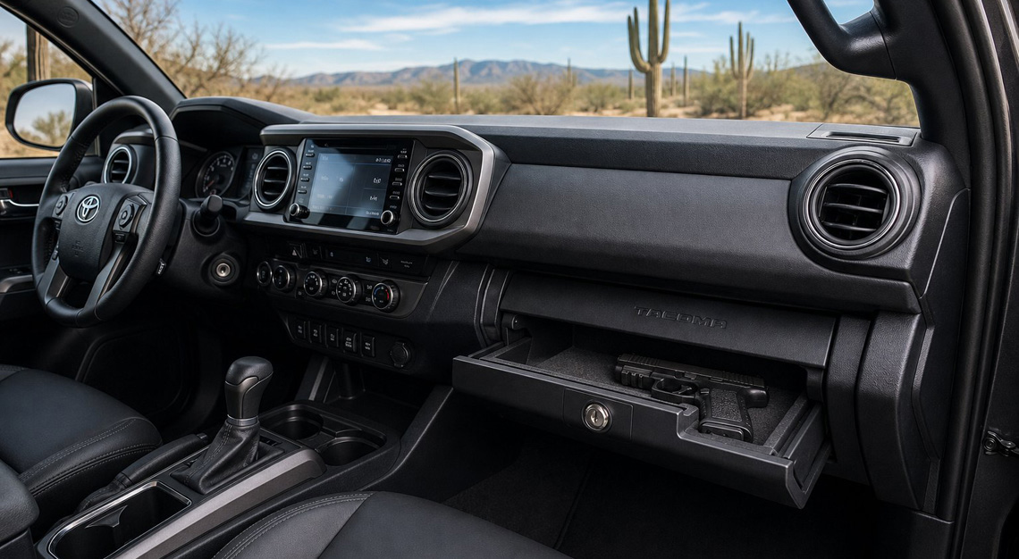 Interior of a car showing a loaded handgun securely stored in a locked glove compartment with a desert landscape visible outside the window.