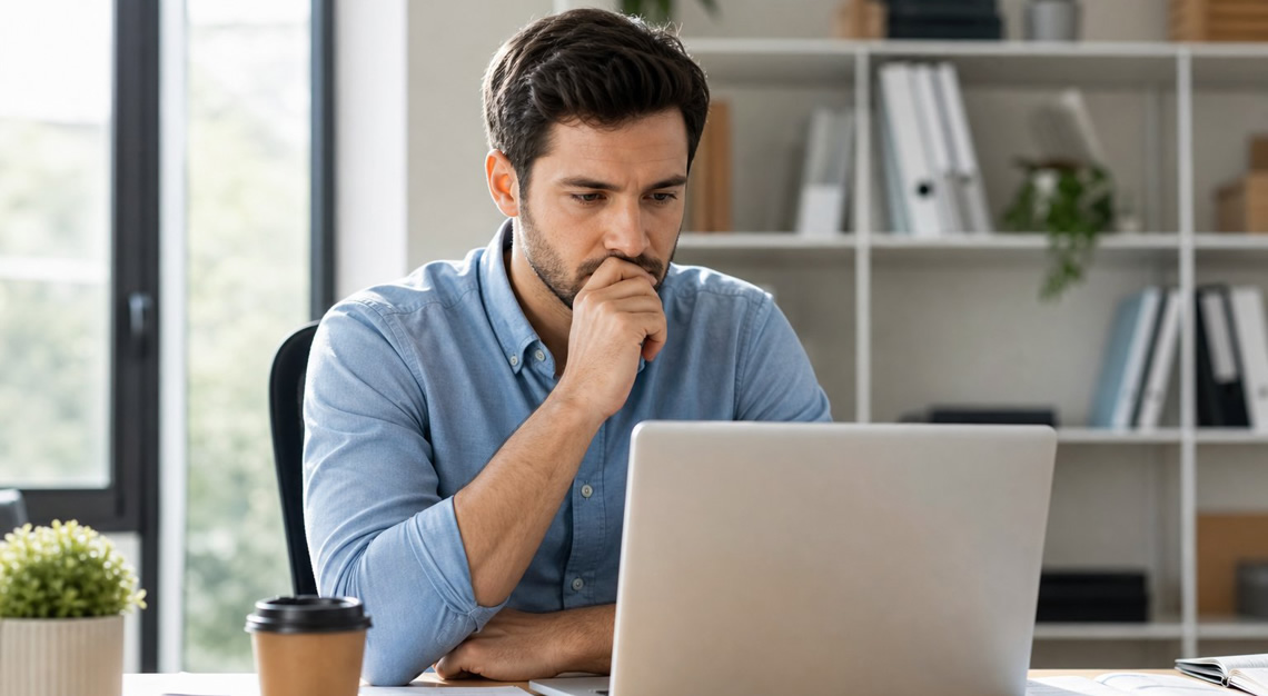 A young man sitting at an office desk, looking thoughtfully at his laptop with papers and a coffee cup nearby.