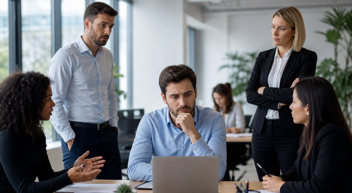A young man looks concerned while sitting at a desk in an office, surrounded by colleagues engaged in discussion.