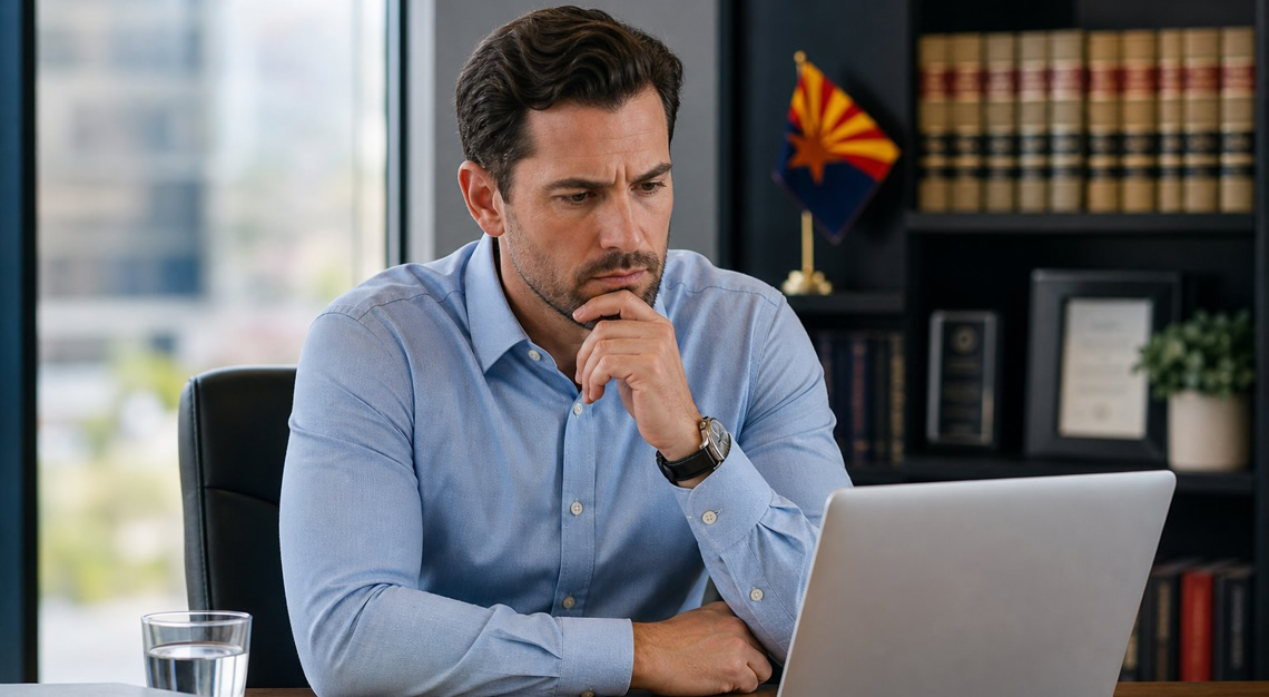 A man sitting at a desk in an office, looking thoughtfully at a laptop with legal documents nearby.