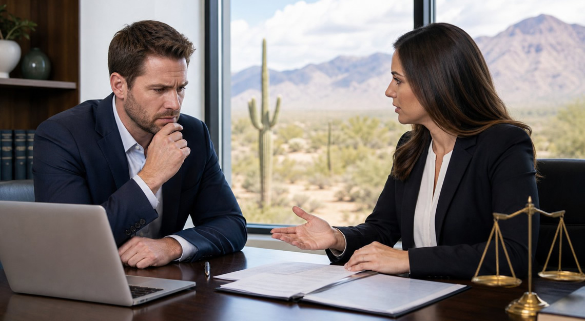 A man and woman having a serious conversation in a modern office with a desert landscape visible through the window.
