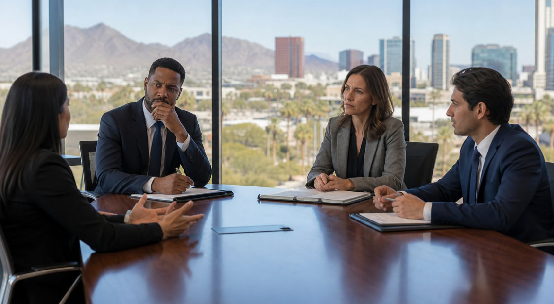 A group of businesspeople in an office having a serious discussion, with one person looking concerned, cityscape visible through large windows.