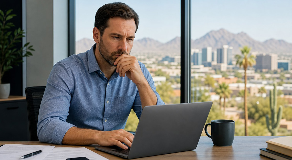A man in business casual clothing sits at a desk in an office, looking thoughtfully at a laptop with an Arizona cityscape visible through a window behind him.