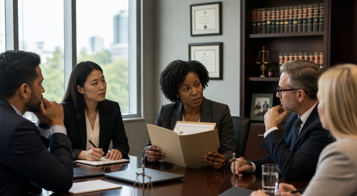 A group of professionals having a serious meeting in an office with documents and certificates visible in the background.