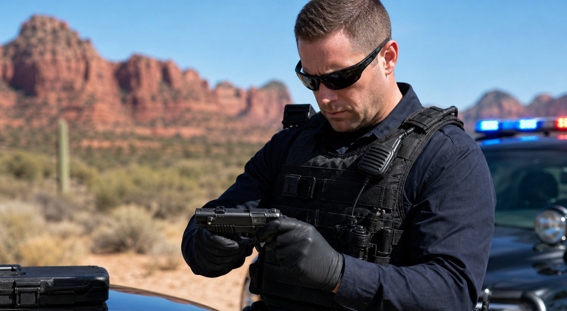 A law enforcement officer inspects a firearm outdoors in a desert area with red rocks and shrubs, with a police vehicle nearby.