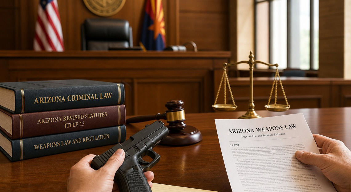 Hands holding a handgun and legal documents in a courtroom with a judge's bench and Arizona state flag in the background.