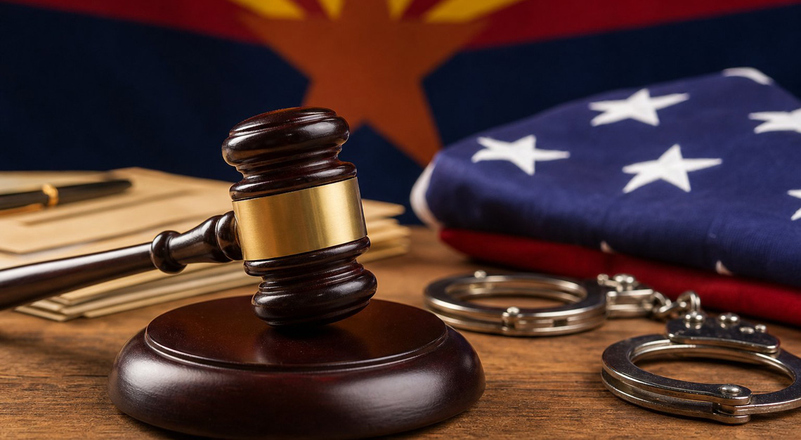 A judge's gavel on a wooden desk with handcuffs and the Arizona state flag in the background.