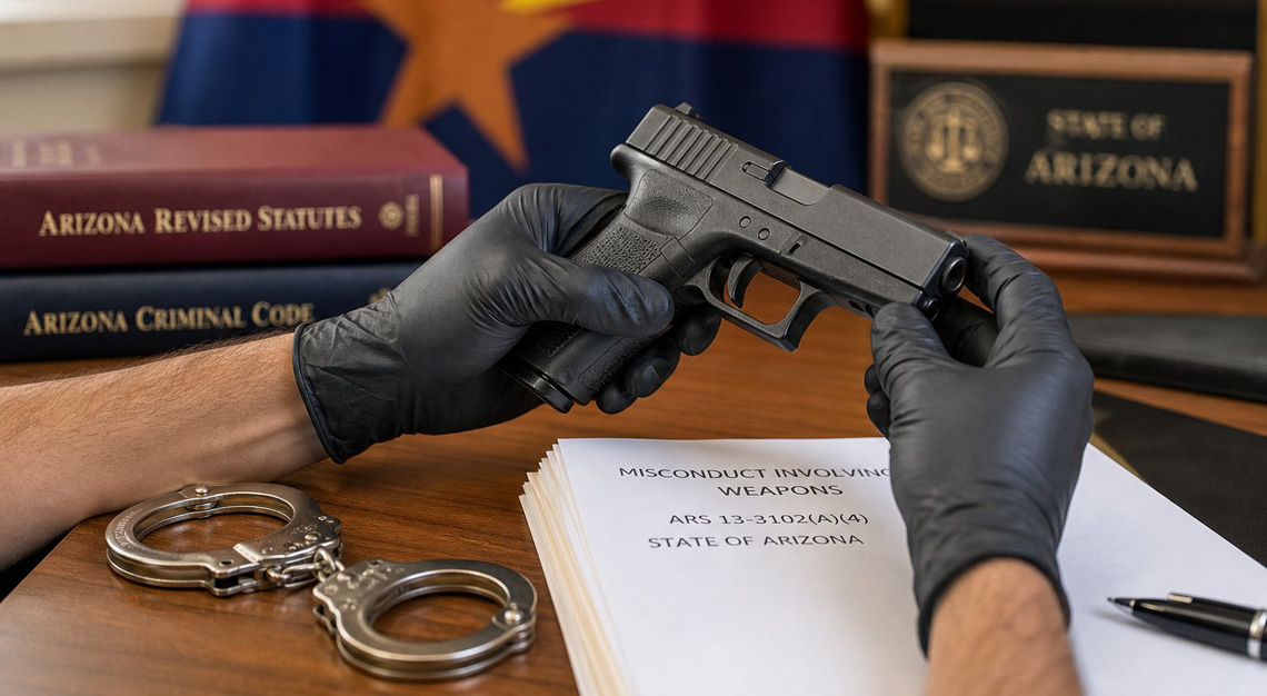 Close-up of hands handling a handgun and handcuffs on a table with blurred Arizona state flag and legal documents in the background.