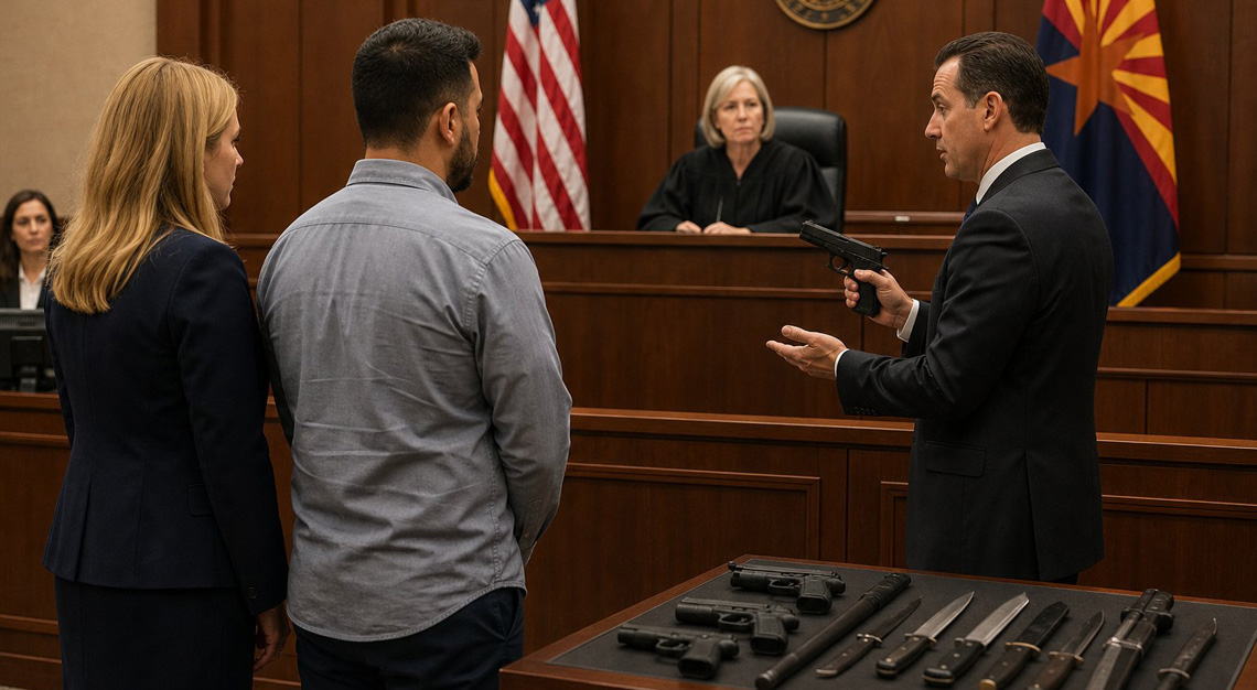 A courtroom scene with a judge, defendant, lawyer, prosecutor, and weapons displayed as evidence, with Arizona state and American flags in the background.