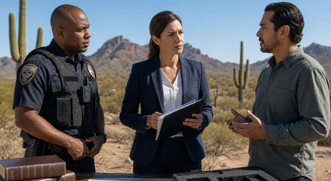 A police officer, a lawyer, and a concerned citizen discussing in front of an Arizona desert landscape with saguaro cacti.