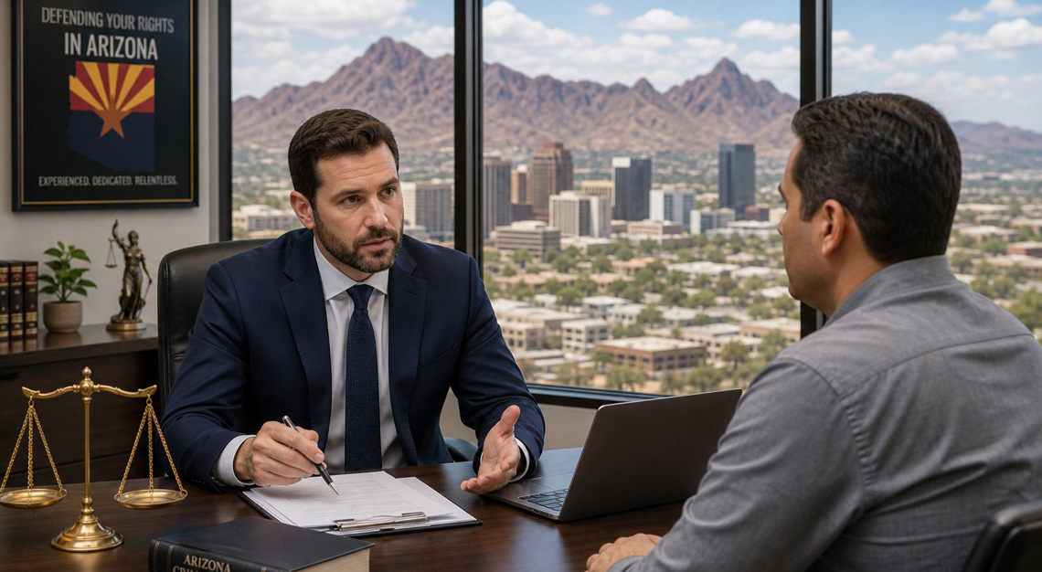 A lawyer in a suit consulting with a client in an office with an Arizona cityscape visible through a window.