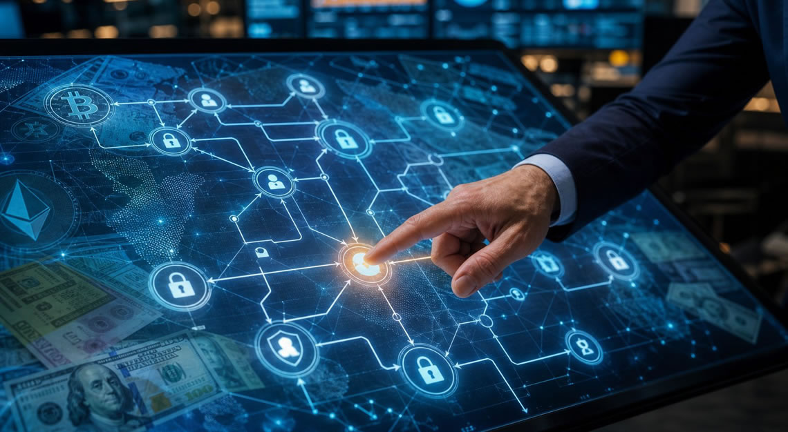 A hand pointing at a touchscreen showing a flowchart of money movement with security icons in a modern office setting.