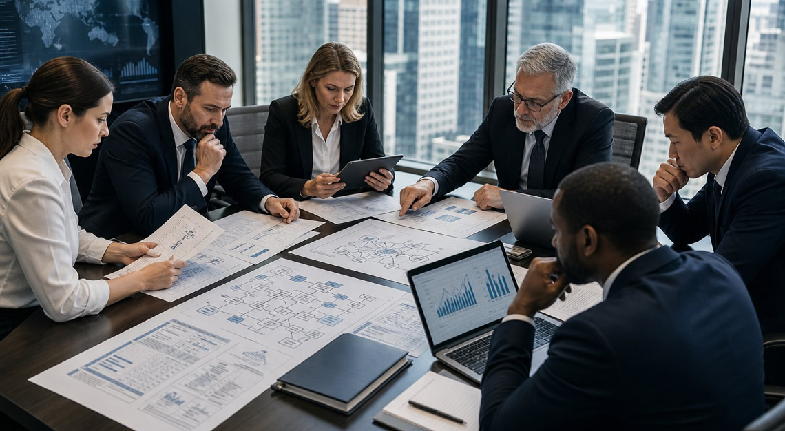 A group of professionals in a modern office analyzing financial documents and digital data related to money laundering investigations.
