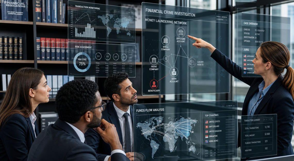 Business professionals analyzing financial data on transparent screens in an office, tracing money flow and connections related to financial crime.