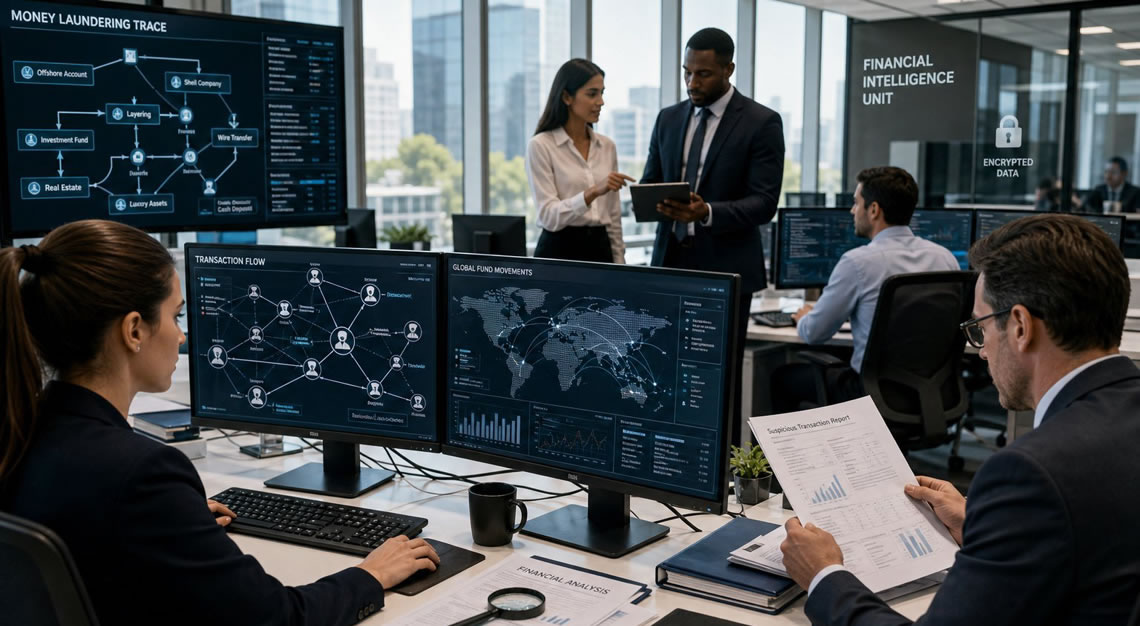Financial analysts in a modern office examining charts and data on computer screens to trace money flow and prevent illegal transactions.