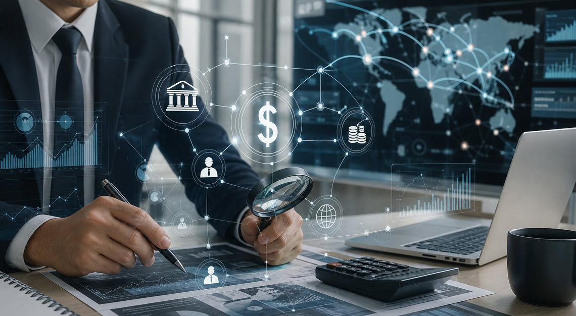 A business professional analyzing financial documents and digital charts with holographic data overlays showing the flow of funds across a network map in a modern office.