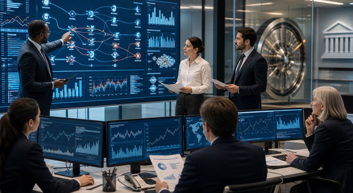 A team of financial professionals analyzing data and tracing funds in a modern office setting.
