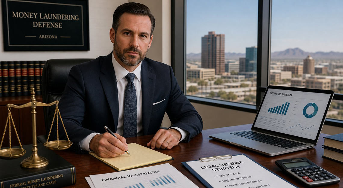 A lawyer in a modern office reviewing financial documents with a cityscape visible through a large window.
