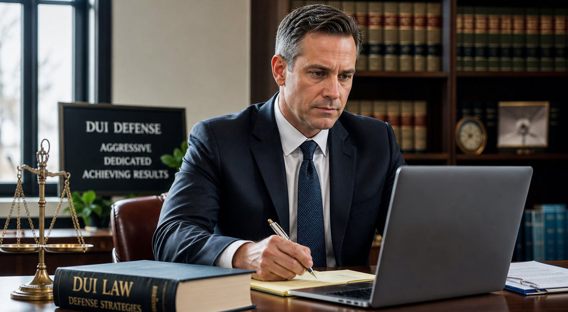 A confident lawyer in a suit sitting at a desk in an office with law books and a scale of justice in the background.