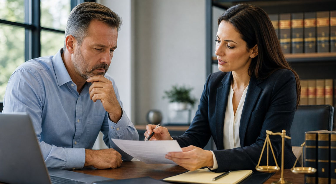 A man consulting with a female attorney in an office, discussing legal documents.