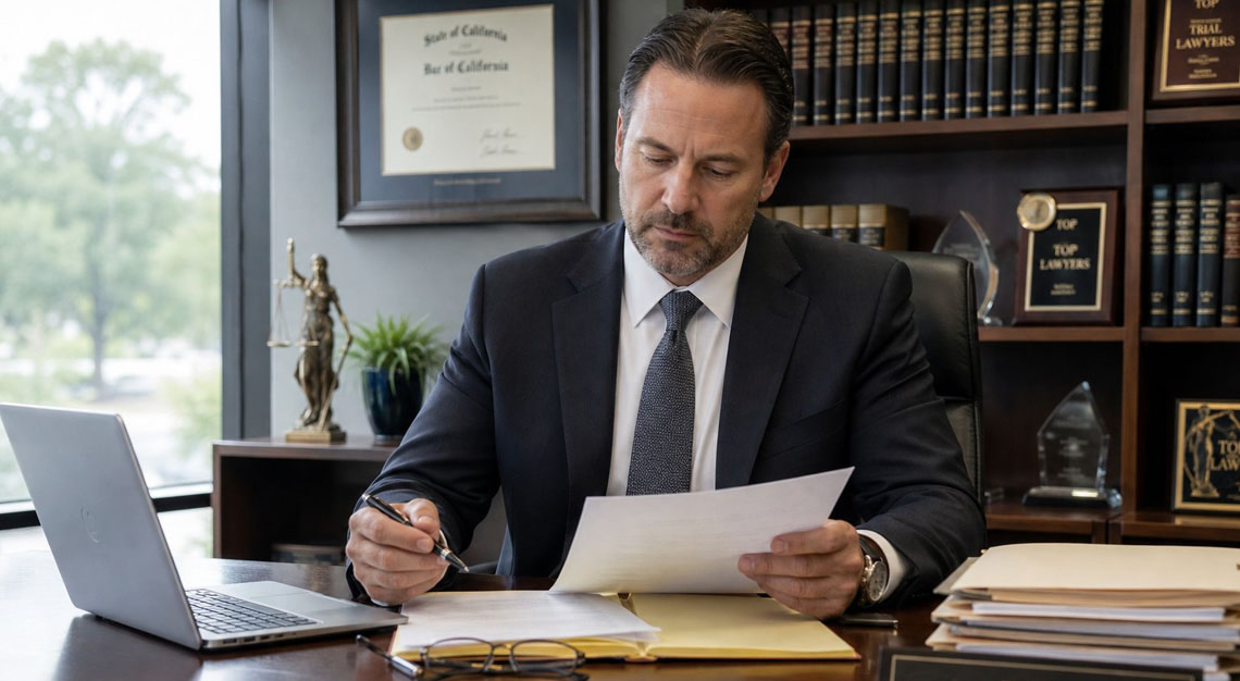 A professional lawyer in a suit reviewing documents at a desk in an office with law books and certificates in the background.