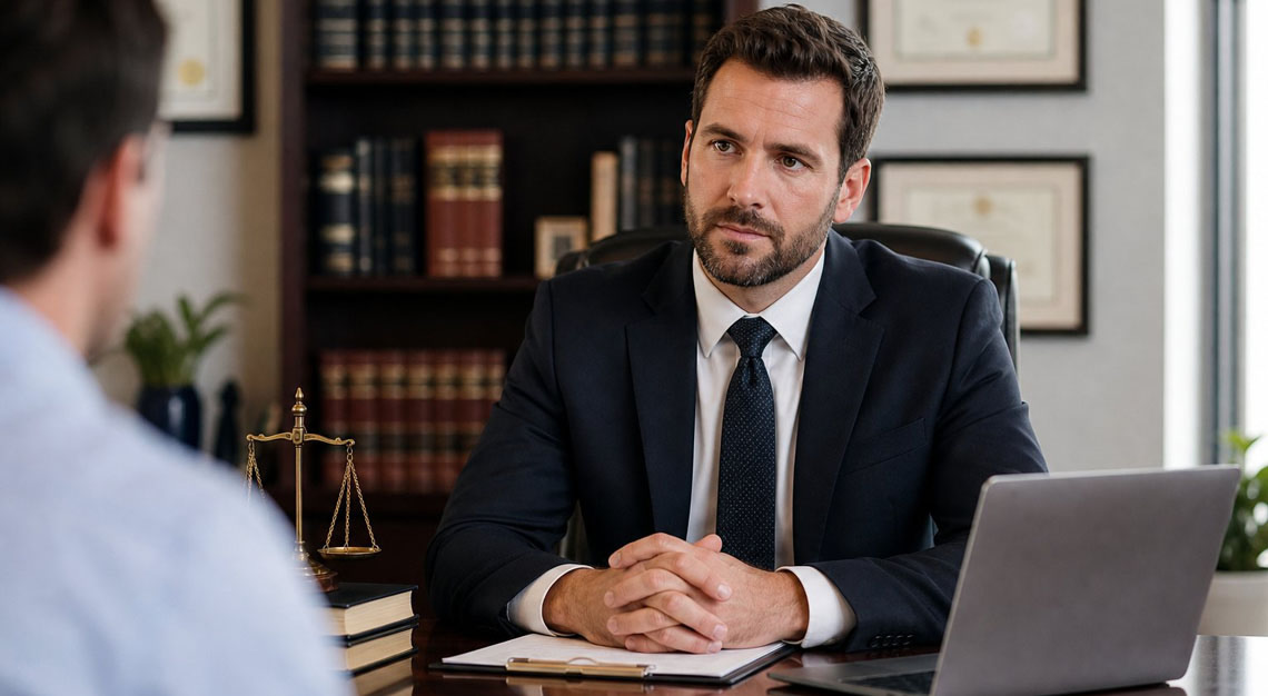 A male lawyer in a suit sitting at a desk with legal books and documents in a modern office.