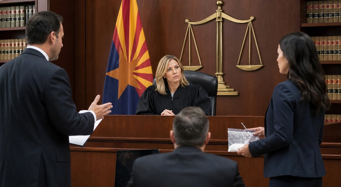 A courtroom scene with a judge, lawyers, and the Arizona state flag, symbolizing legal proceedings related to drug crime penalties.