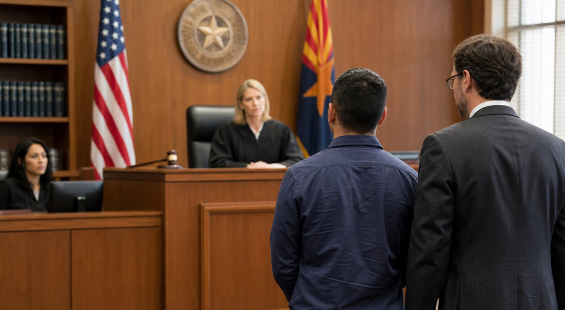 A courtroom scene with a judge, a defendant, and a lawyer, showing a legal proceeding related to drug offenses in Arizona.